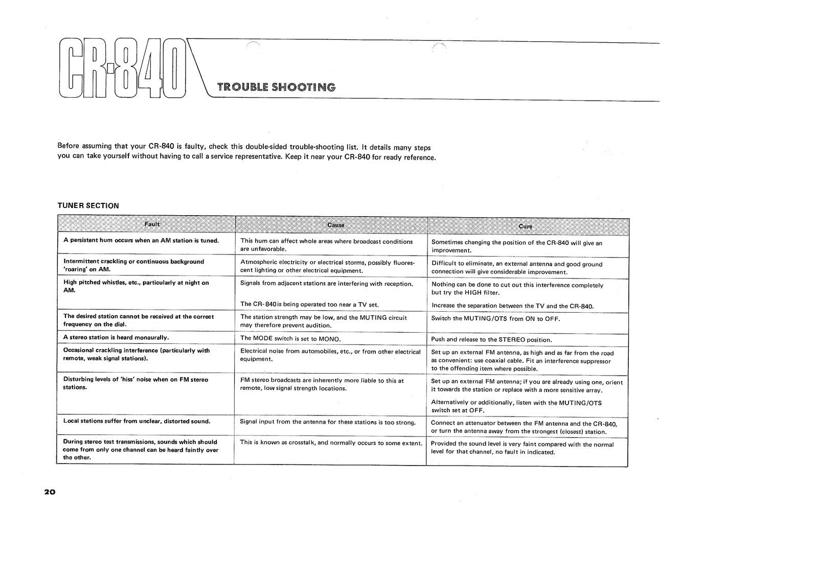 YAMAHA CR-840 OWNERS MANUAL - STEEL WIRE BOUND - PROTECTIVE COVERS