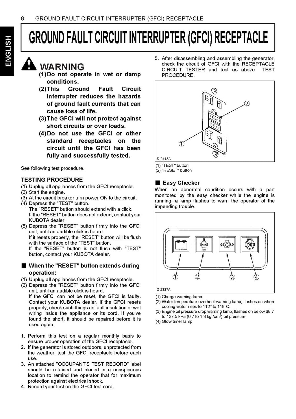 KUBOTA DIESEL GENERATOR GL6000-STD GL7000-USA 9000 11000 OPERATORS MANUAL, BOUND