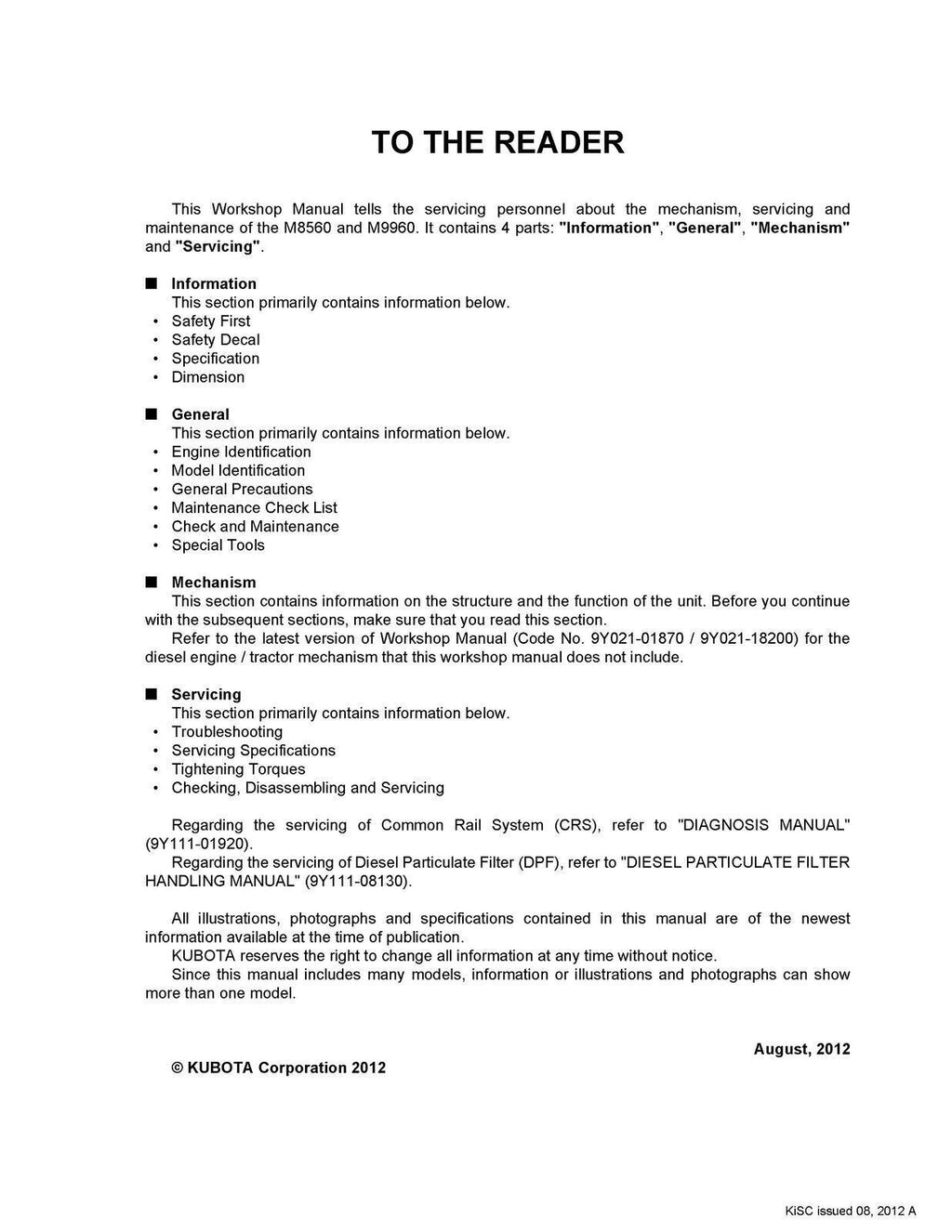 KUBOTA M8560 M9960 WORKSHOP MANUAL (718 PGS IN 2 VOLUMES) WIRE BOUND XL FOLDOUTS